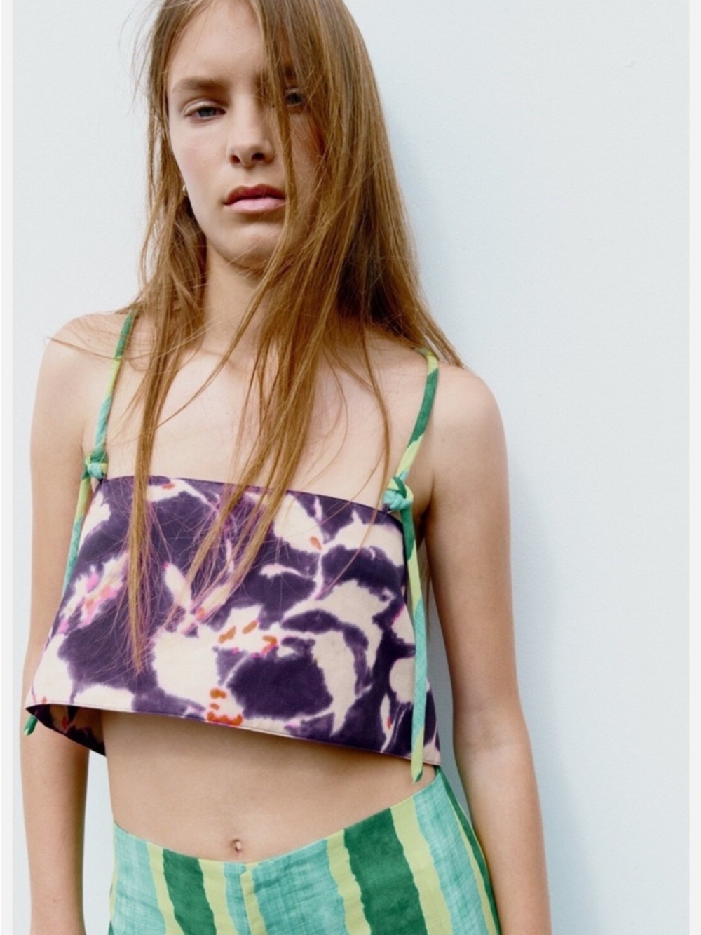 NWT Zara Floral Linen Blend Purple Crop Tube Top Open Back Green Tie Straps